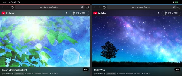 2つのYouTubeの動画を、両方の窓の音声を有効にして再生する画面